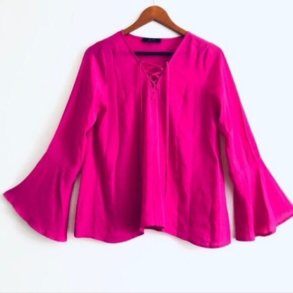 Nordstrom Eclair Blouse S Lace Up Bell Sleeve Flounce Fuchsia Pink Vibrant Neon - Picture 3 of 9